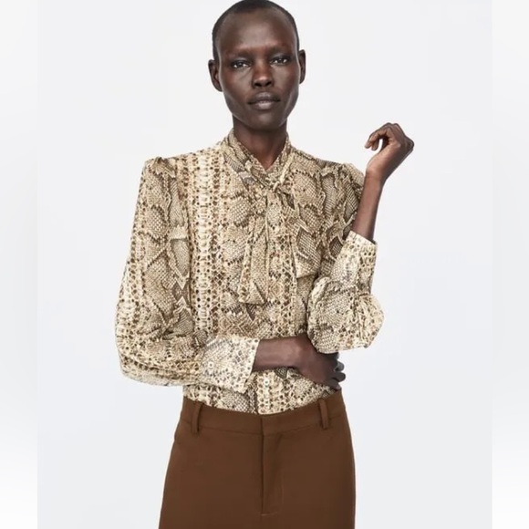 Zara snakeskin print blouse with neck tie - Picture 1 of 15
